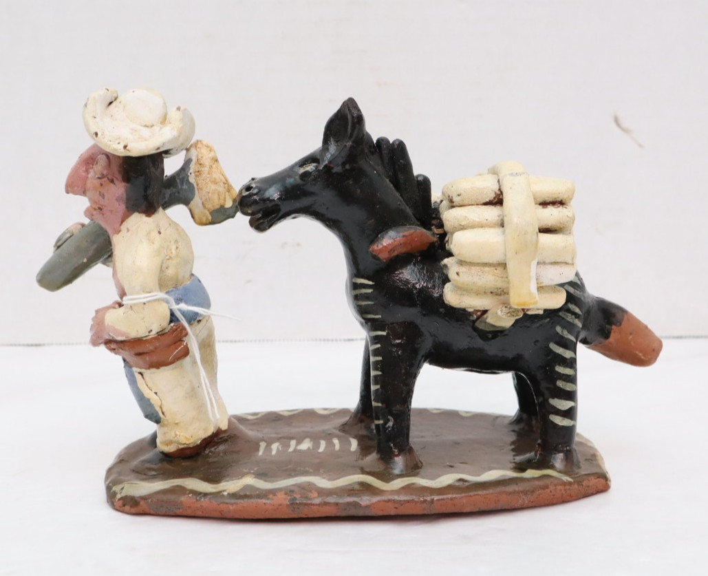 Vintage Ocumicho Mexican Pottery Folk Art Donkey W Farmer Figure Sculpture