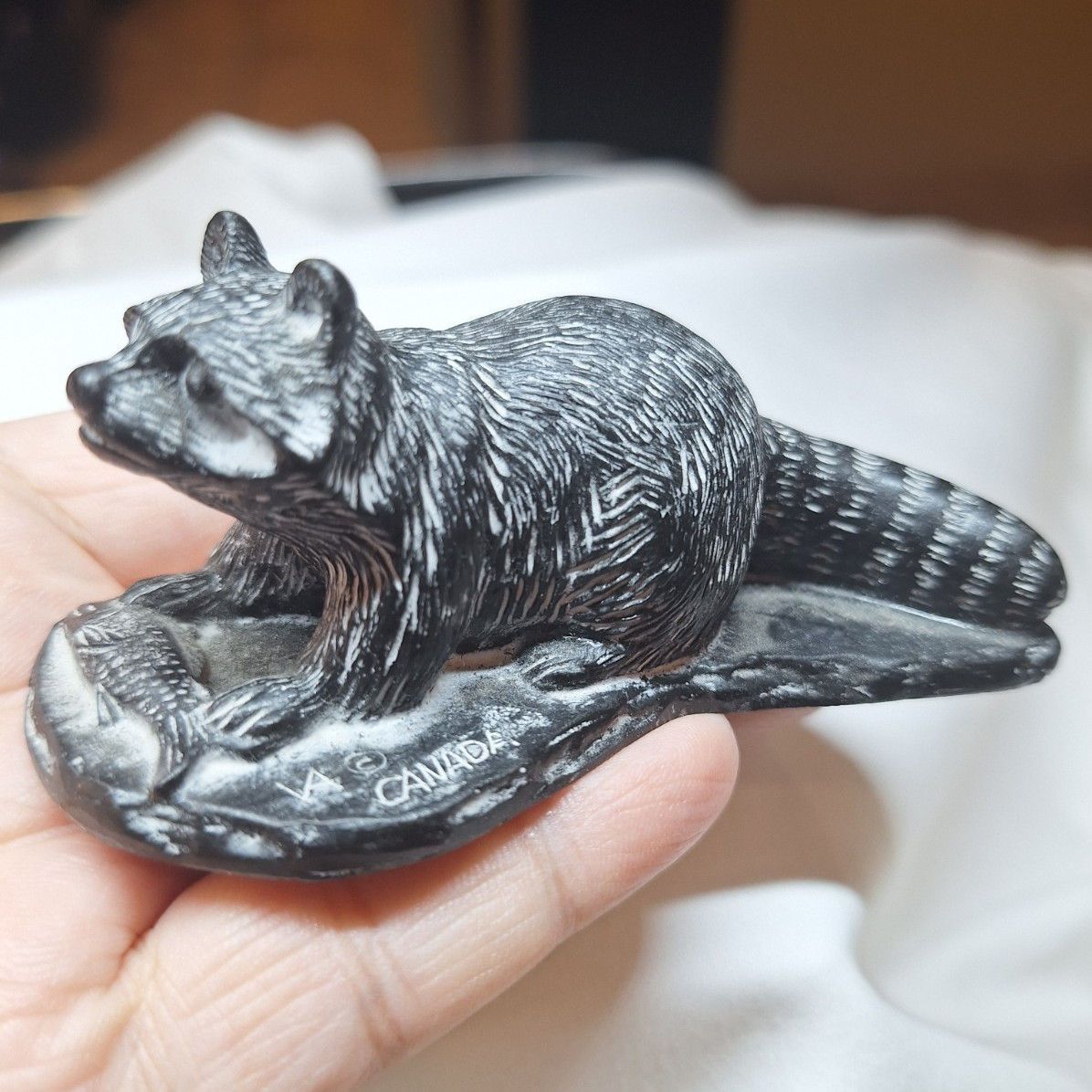 Vintage Vanstone Raccoon Figurine Canada Black Stone Composite B.C. Souvenir