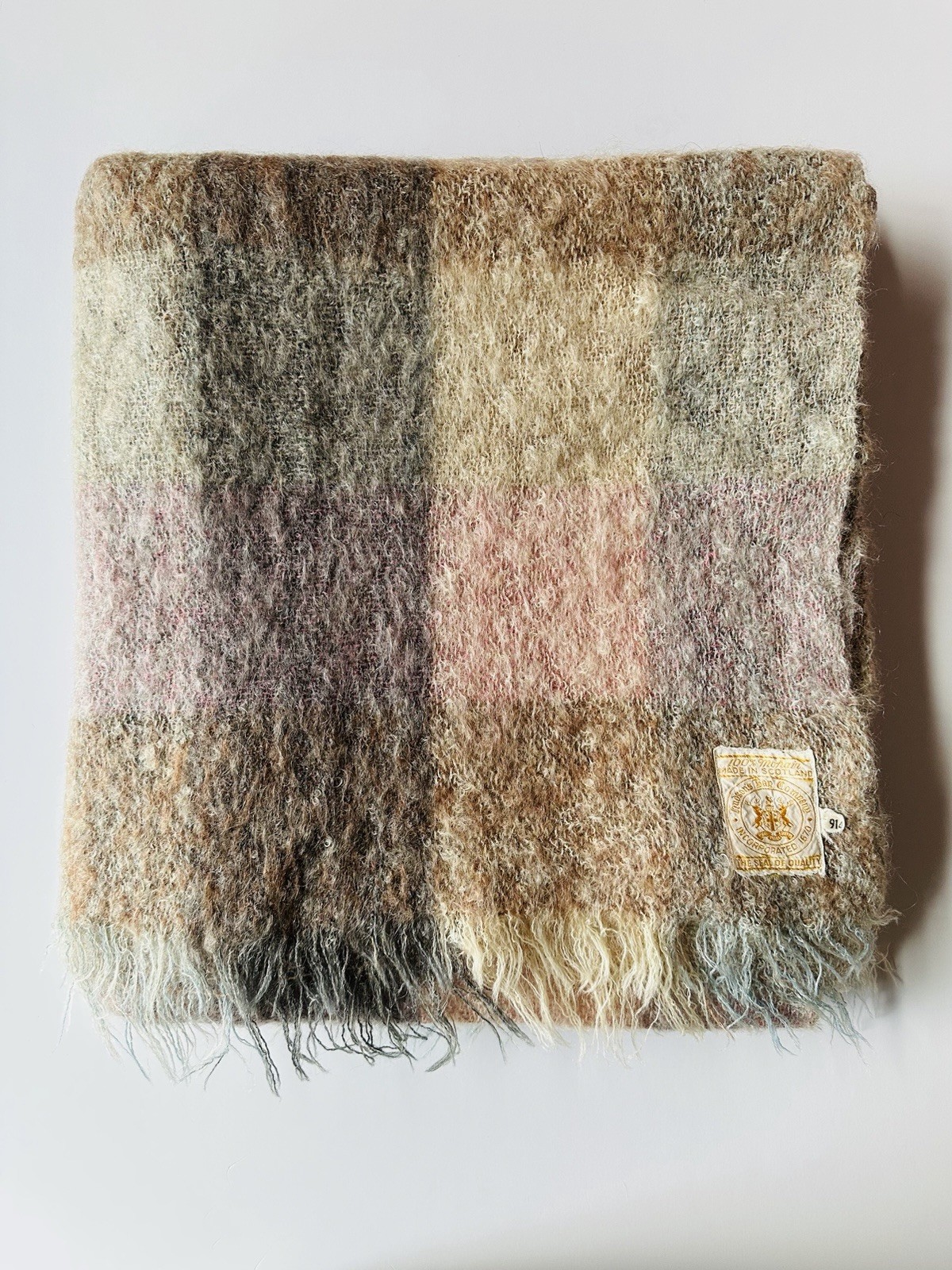 Vintage Hudson’s Bay 100% Mohair Throw Blanket Scotland Plaid Fringe 64x45 Soft