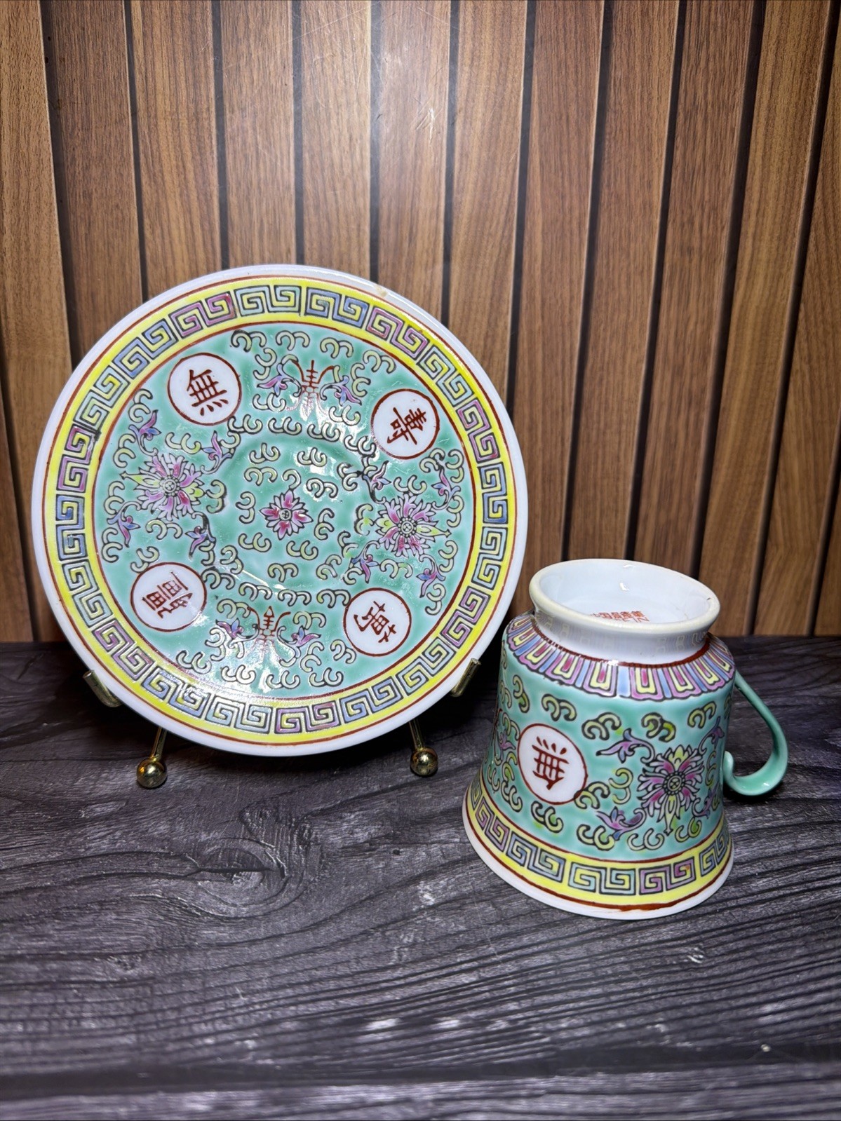 8 PIECE Vintage Chinese Turquoise Mun Shou Teacups And Saucers Set Of 4 PAIRS