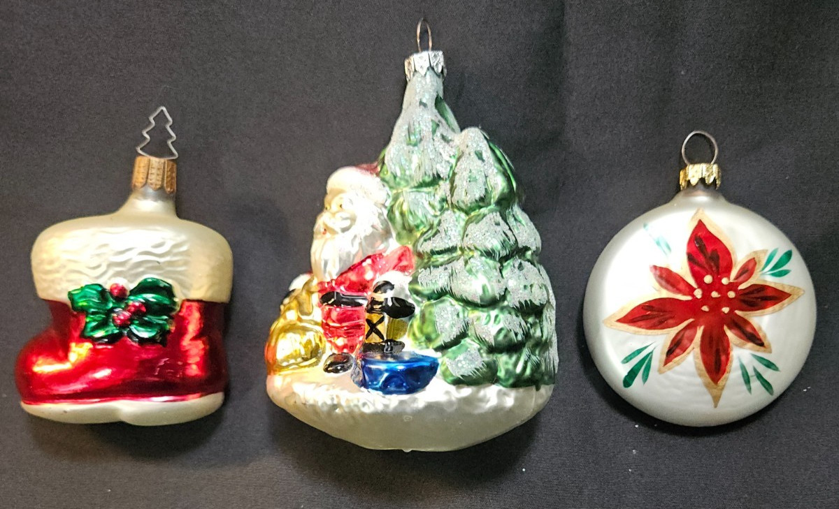 Vtg Blown Mercury Glass Christmas Ornament lot 3, SANTA, BOOT, POINTSETTIA EUC