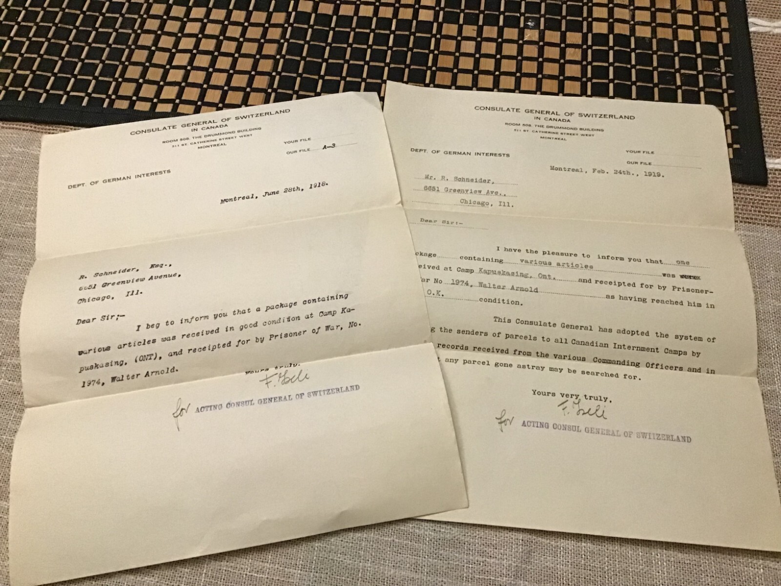 1918-19 2 RECEIPTS FOR PRISONERS OF WAR, W.W.1, Consulate General Switzerland 1918-19 2 RECEIPTS FOR PRISONERS OF WAR, W.W.1, Consulate General Switzerland