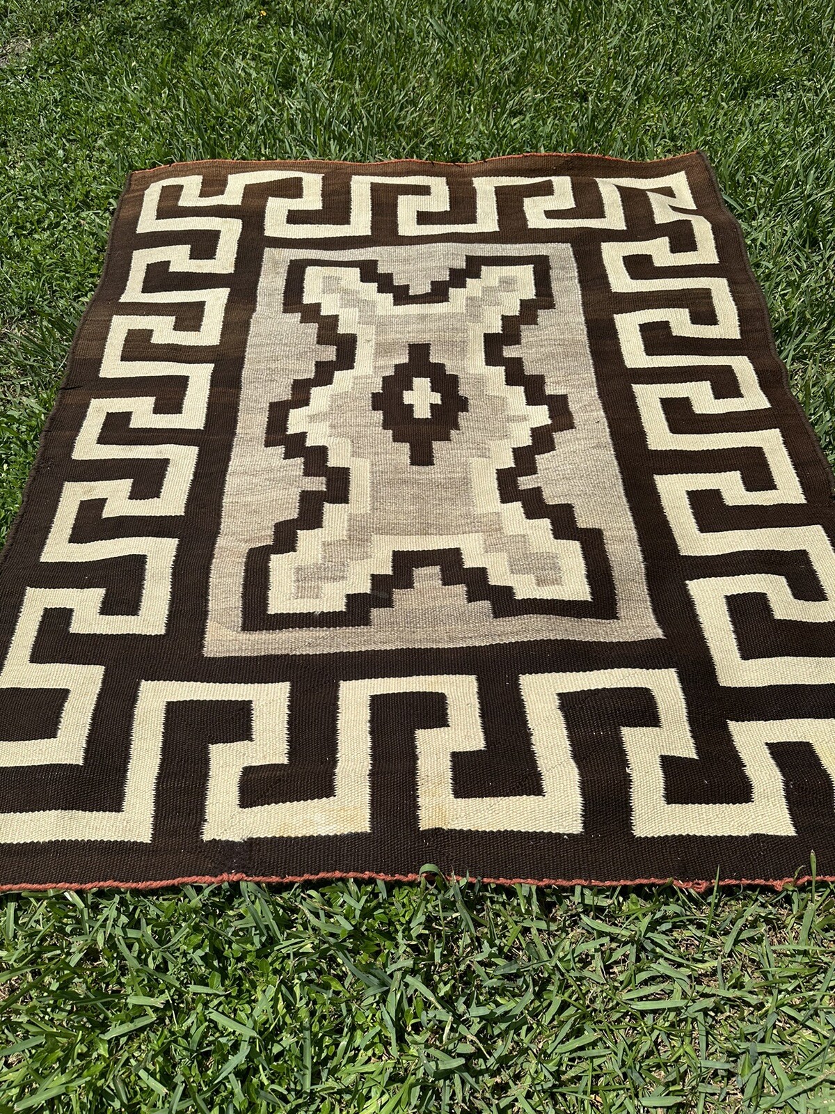 Antique Authentic 1920s Navajo Rug 65x42” Greek Key Borders.