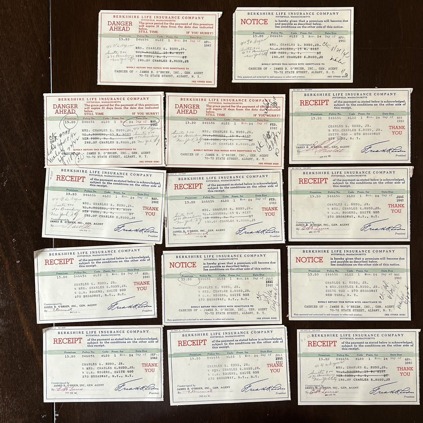 1942 INVESTOR LOT OF 14 BERKSHIRE LIFE INSURANCE COMPANY NOTICES AND RECEIPTS