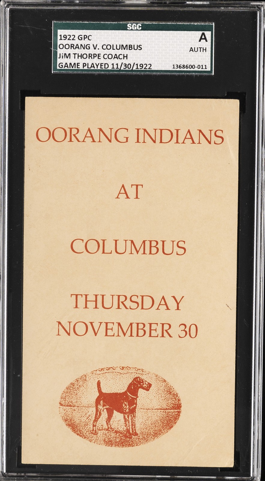 1922 GPC JIM THORPE COACH - GAME PLAYED 11/30/1922 OORANG V. COLUMBUS SGC A