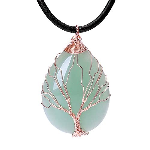 18-Inch Adjustable Green Aventurine Necklace with Rose Gold Tree of Life Pendant