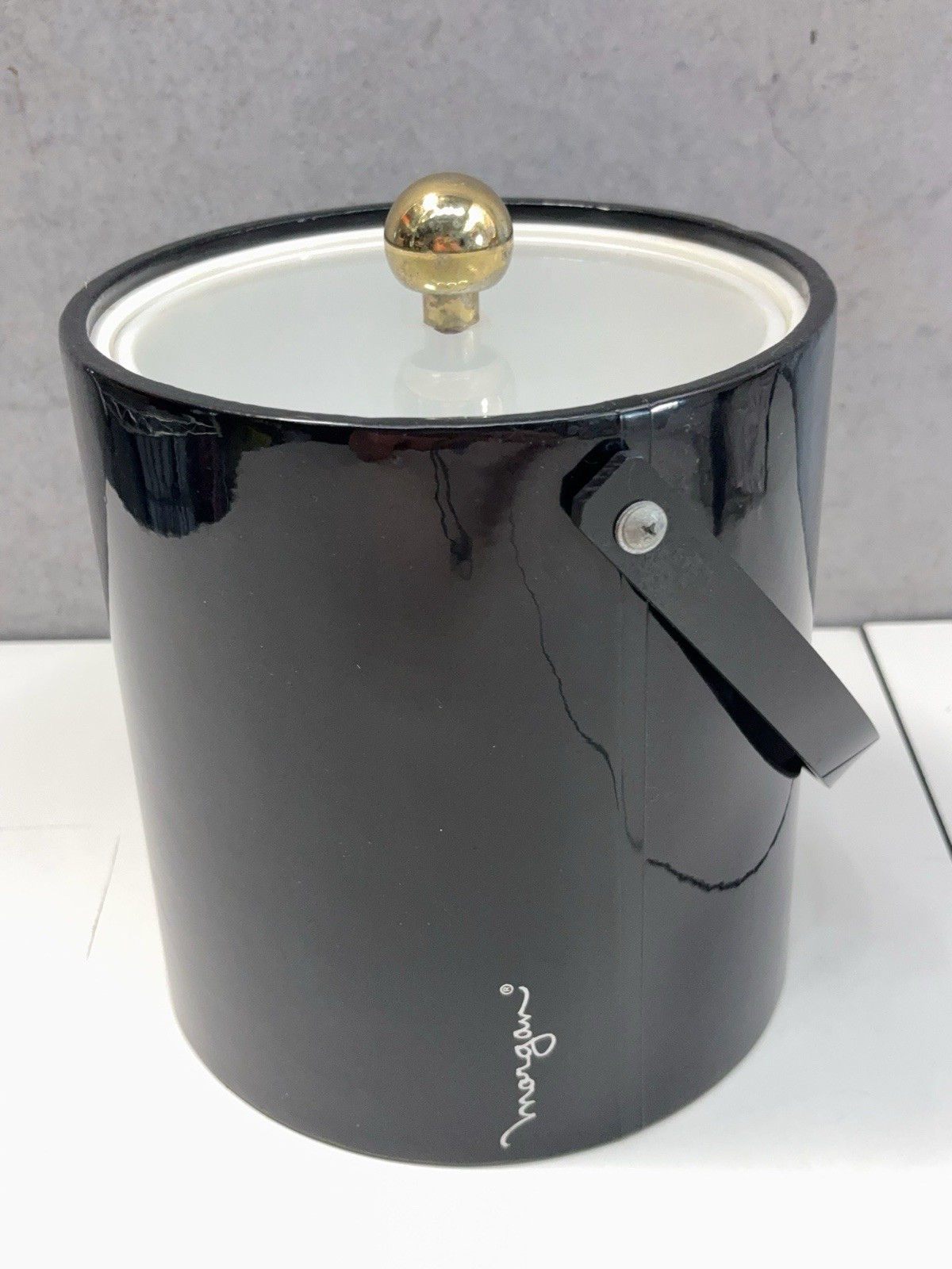 Vintage Morgan Ice Bucket Black w Gold Knob & Clear Top MCM