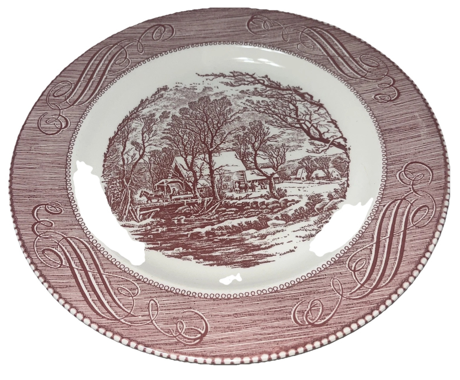 Currier &Ives The Old Grist Mill 10” Dinner Plate Red Pink 1960’s.  Vintage Old