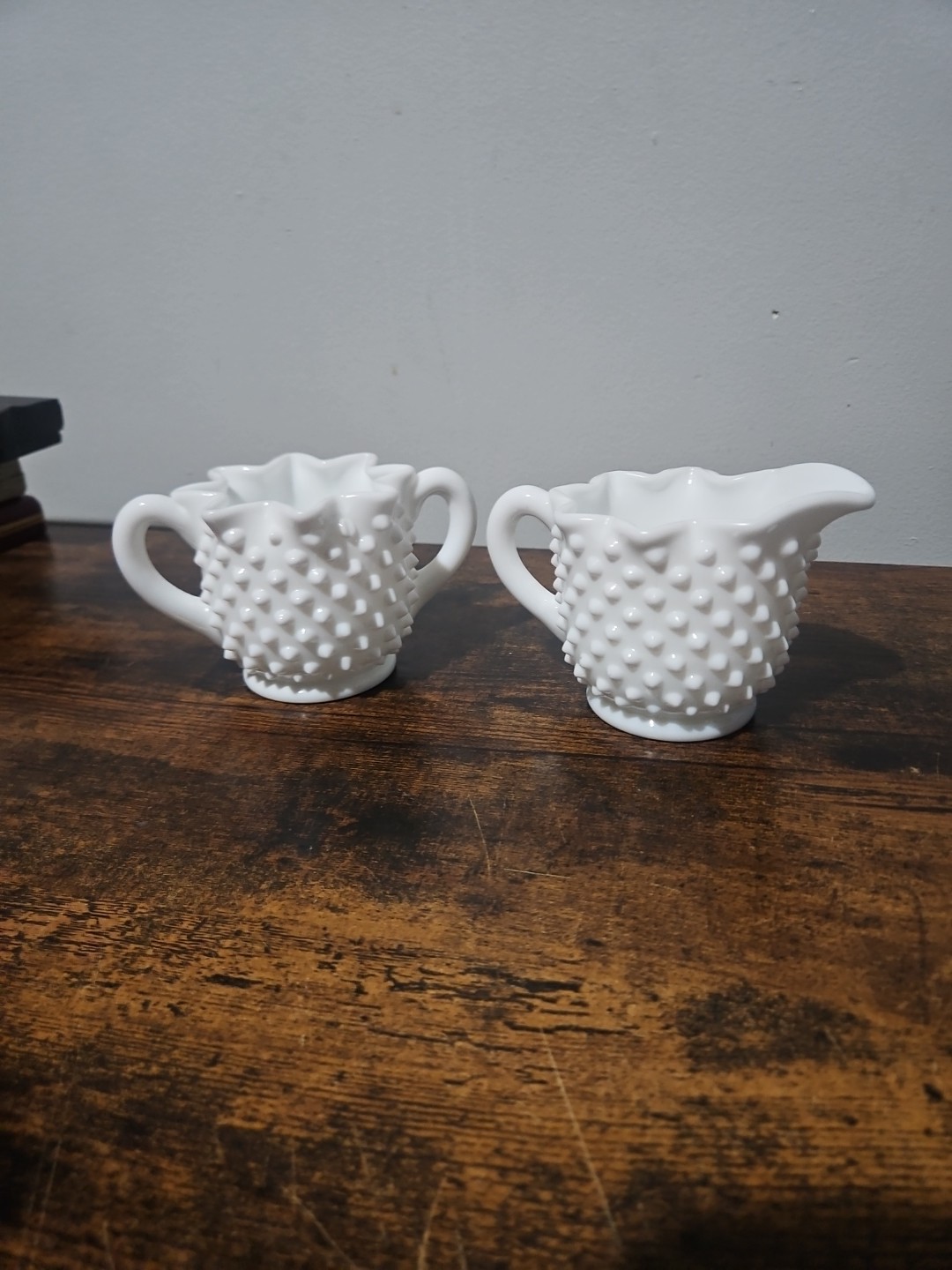 Fenton Milk Glass Hobnail Star Top Crimped Ruffled Sugar & Creamer Set Vintage Fenton Milk Glass Hobnail Star Top Crimped Ruffled Sugar & Creamer Set Vintage