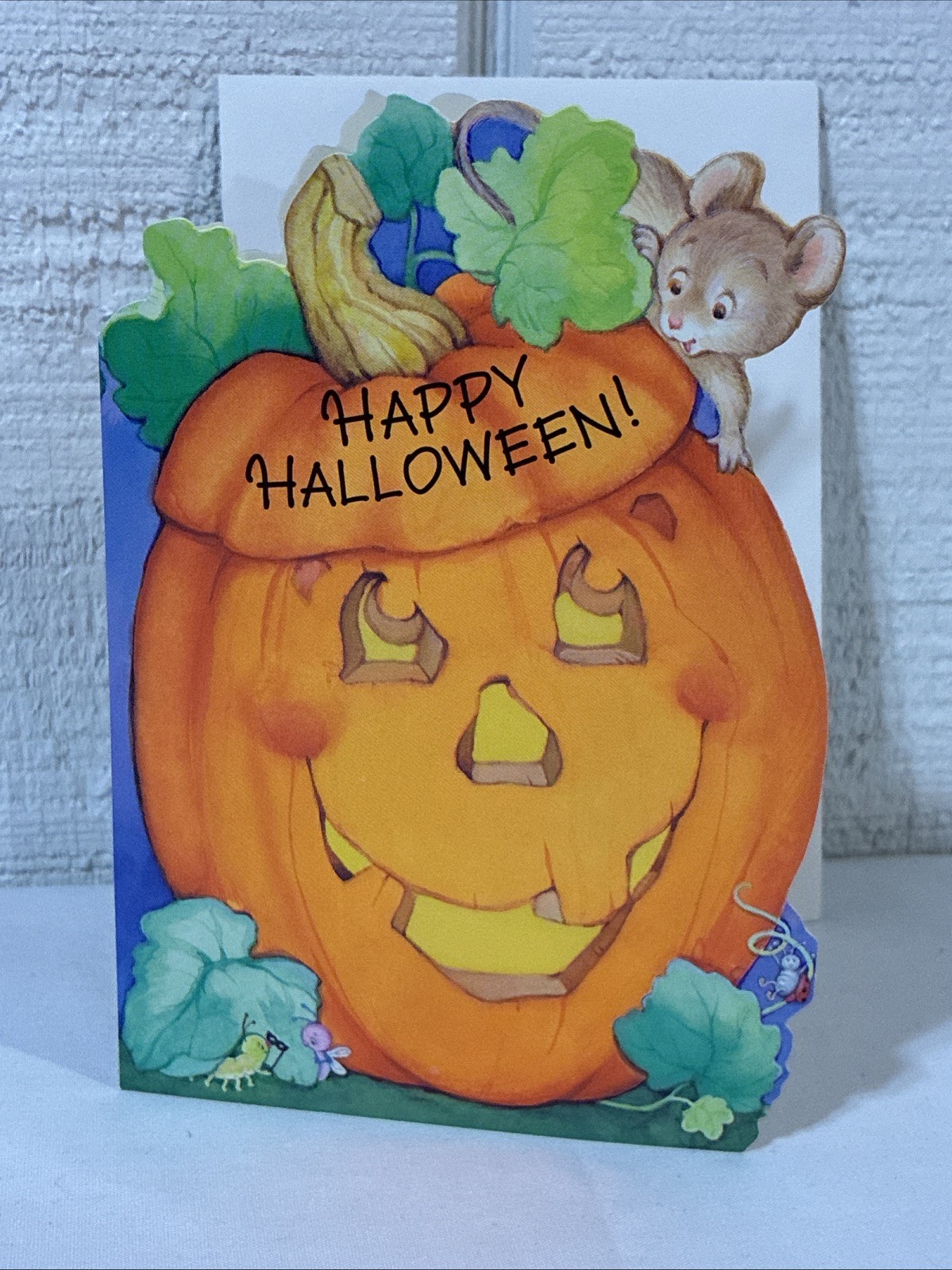 Vintage 1980s Ambassador Die-Cut Halloween Greeting Card Pumpkin Mouse Hallmark