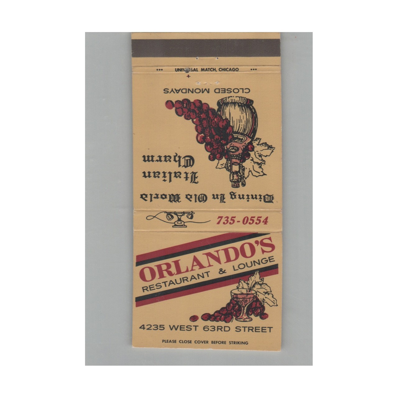 Matchbook Cover Orlando's Restaurant & Lounge Chicago IL