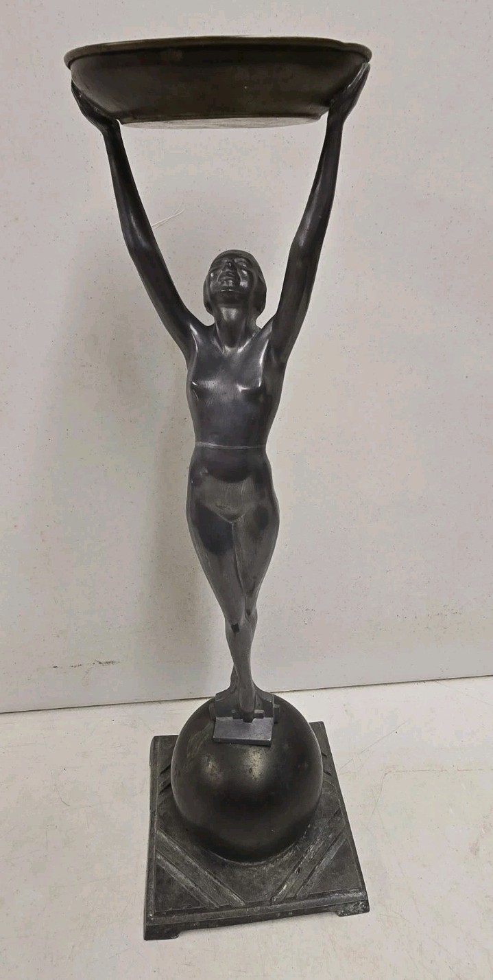 Antique Frankart Art Deco Nude Lady Standing On Ball Statue Ashtray Stand 80059