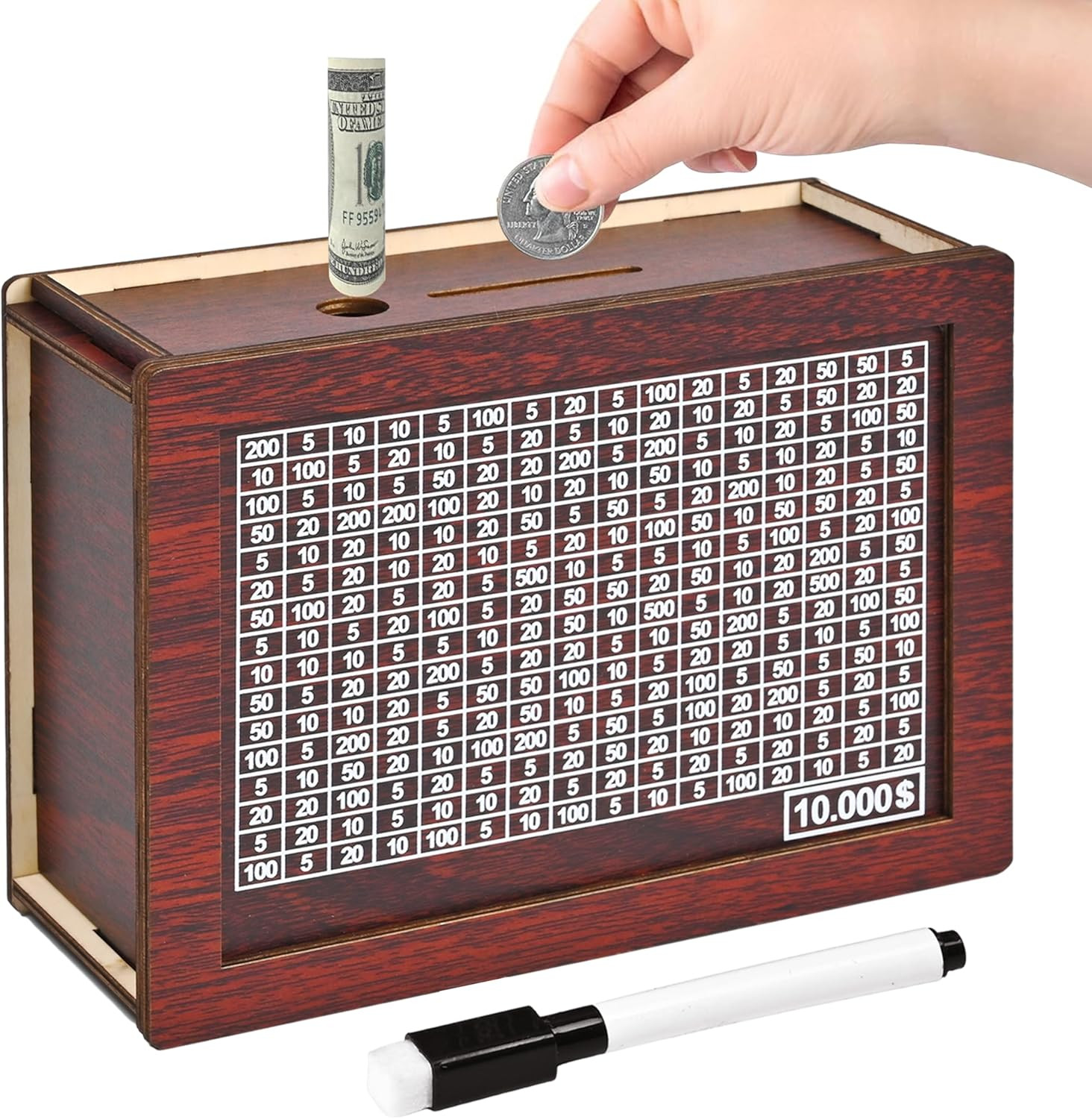 10000 Savings Challenge Box, Wooden Money Saving Piggy Bank for Adults Kids, Reu
