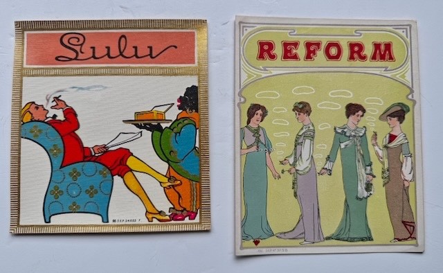 Vintage Art Nouveau advertising cards pair SULU & REFORM originals mint