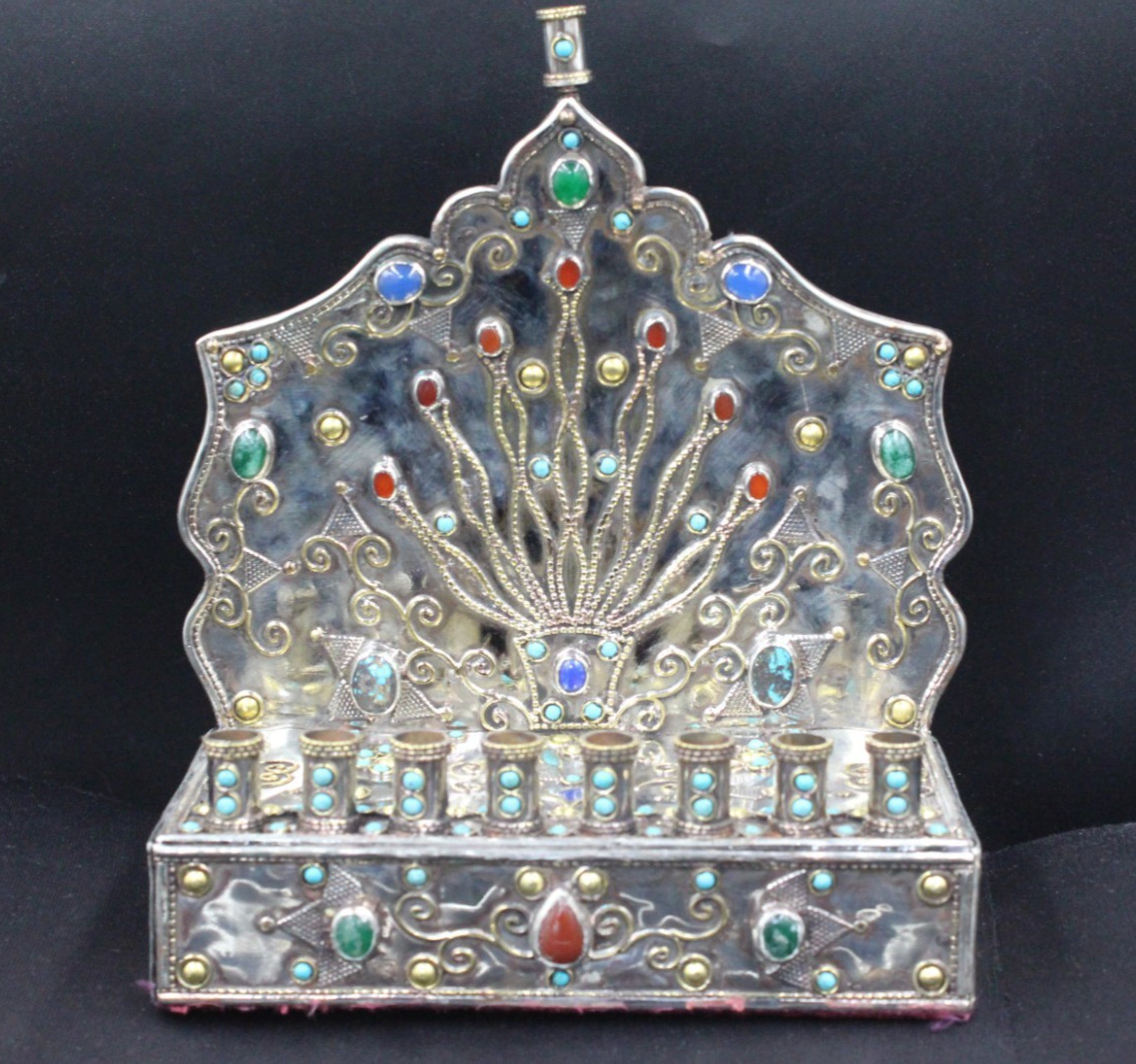 Turkmen Alpaka Judaica Hanukkah Menorah, Candle Holder, Gemstones Menorah #H03