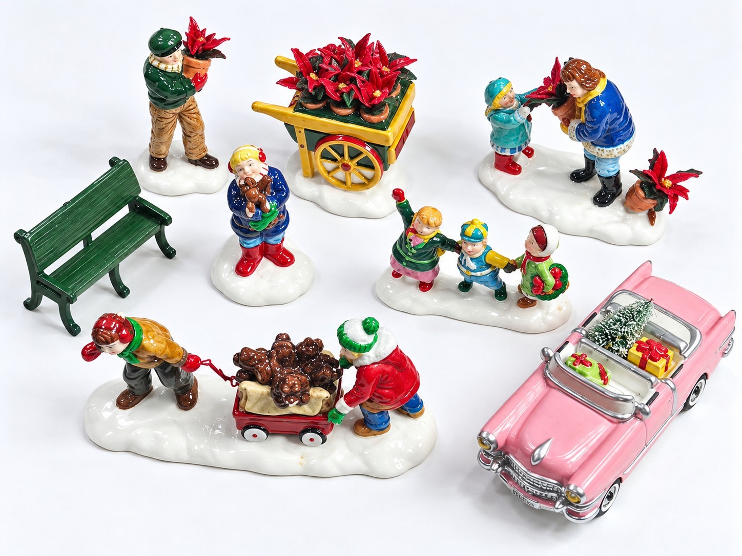 Vintage Dept 56 Snow Village Accessory Lot - Christmas Cadillac Pink Car &...