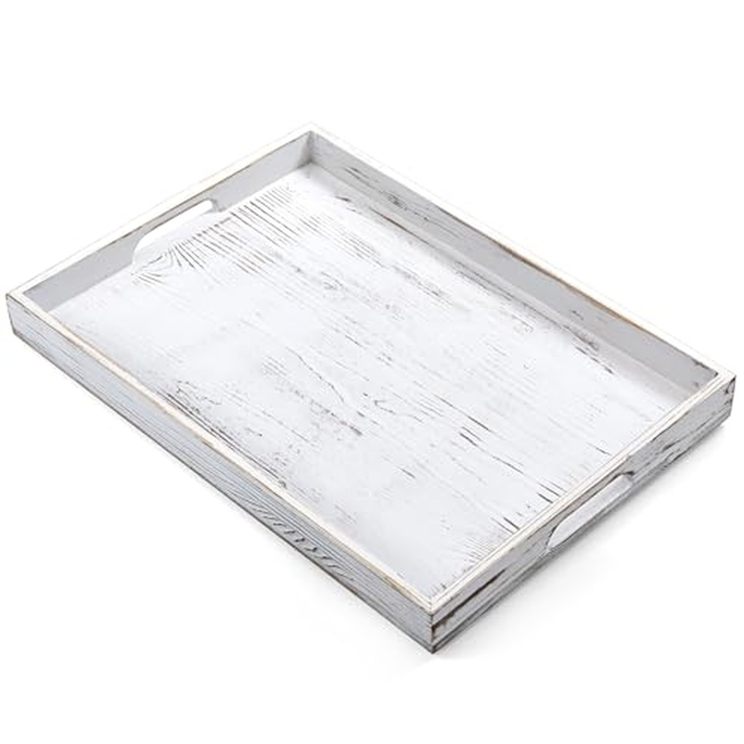 17 Inch Rustic White Serving Tray with Handles - Large Wooden Tray for Ottoma...