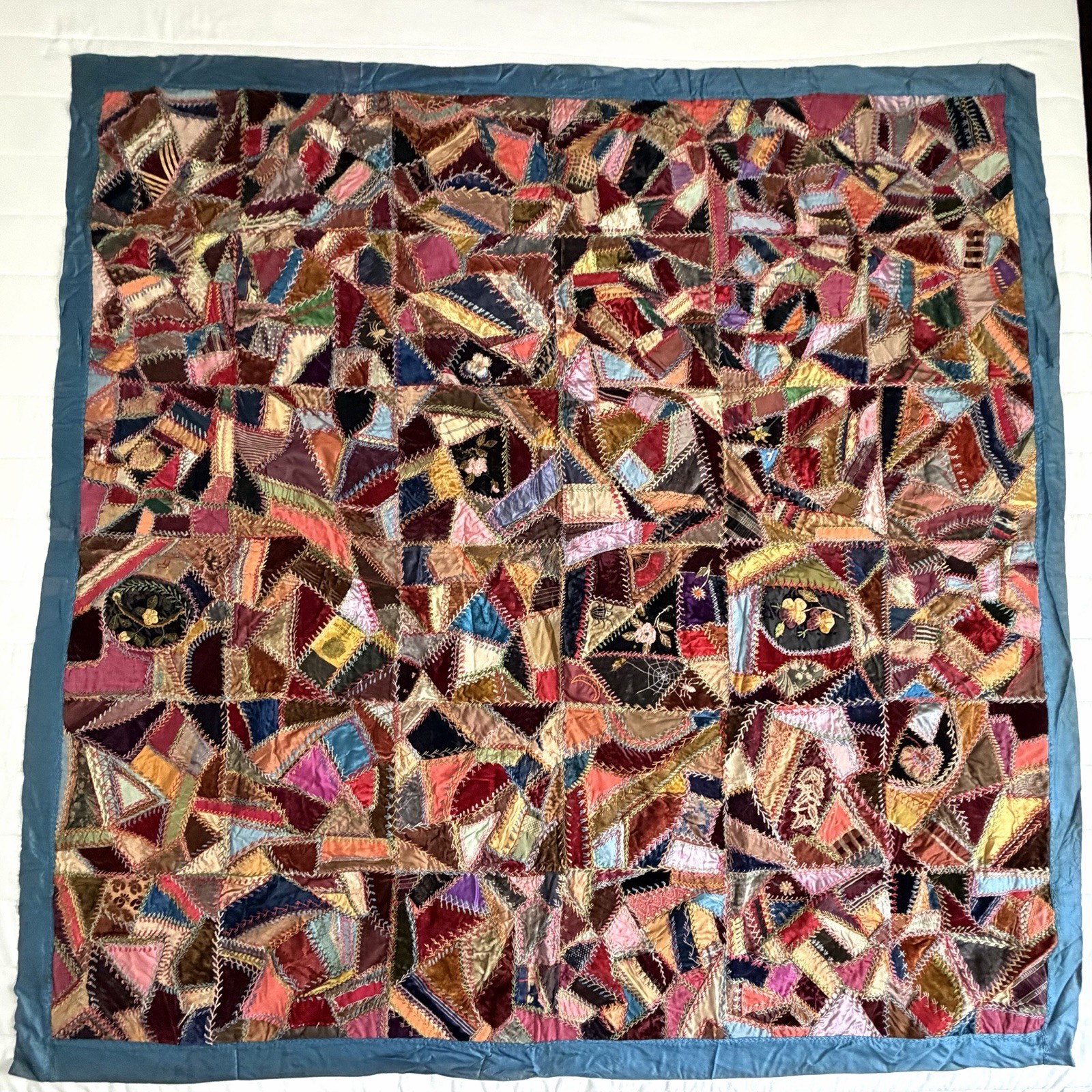 Victorian 1890s Antique Crazy Quilt Period Silk Velvet Satin Hand Embroidery SEE