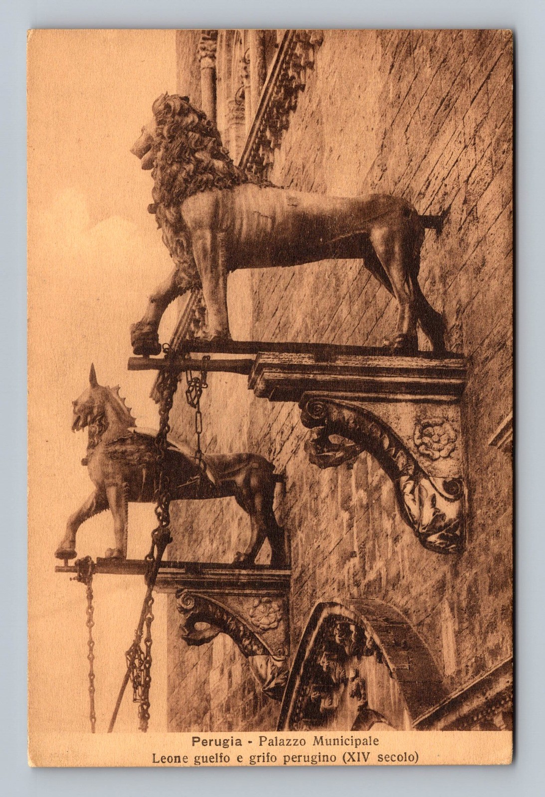 Italy- Perugia Municipal Palace Guelph Lion Perugian Griffin PC Vintage Postcard