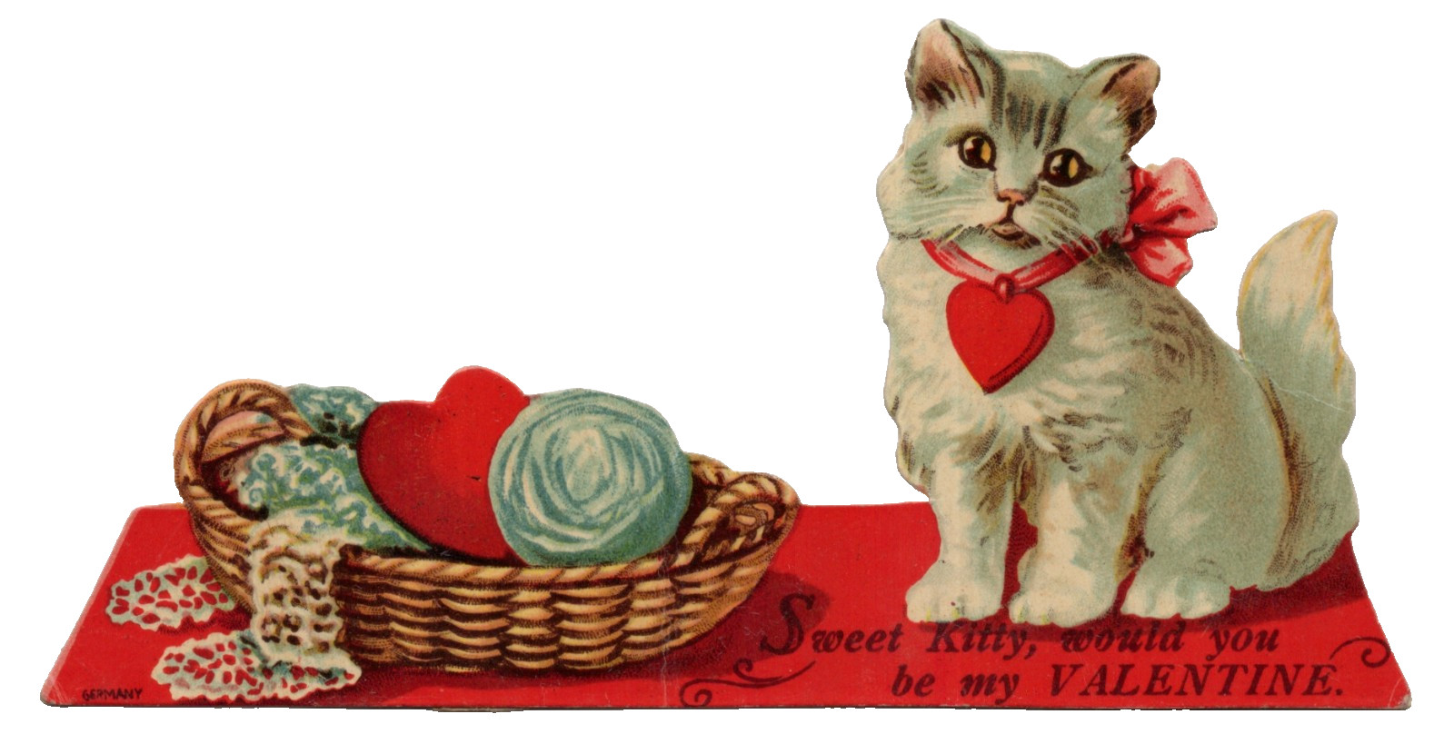 Vintage Valentine Card, Sweet Kitty w/Sewing Basket/Ball of Yarn, GERMANY Vintage Valentine Card, Sweet Kitty w/Sewing Basket/Ball of Yarn, GERMANY