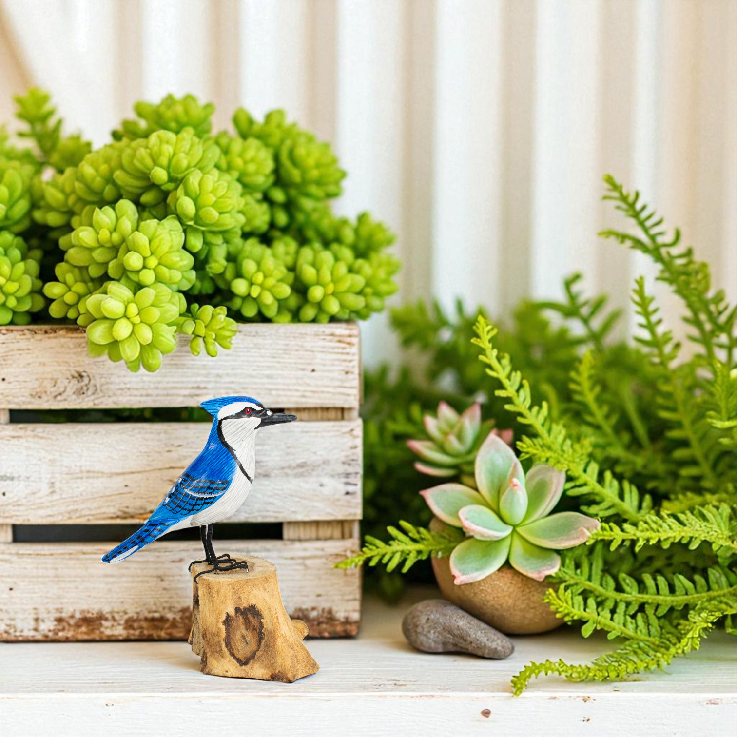Wood Blue Jay Figurine Hand Carved Songbird Sculpture Nature Inspired Bird Decor