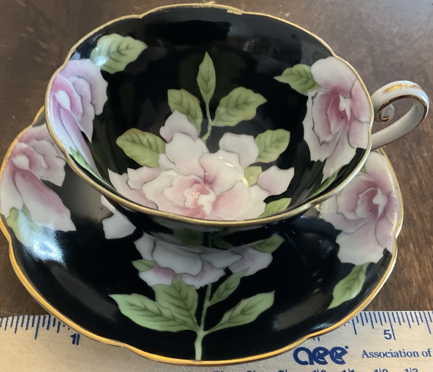 VTG Wako China Occupied Japan TeaCup & Saucer Blk Ext  Int Floral Pink W/black