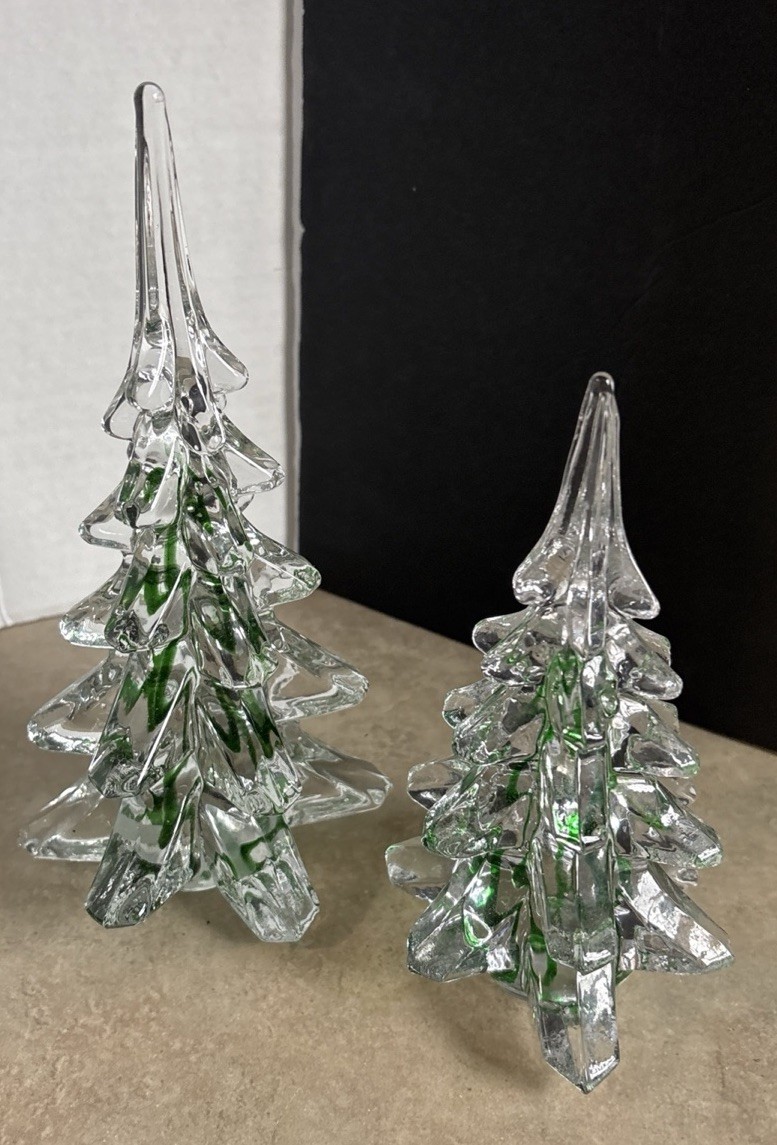 VNTG Silvestri Art Solid Crystal Christmas Trees w/ Encased Green Swirl Ribbon
