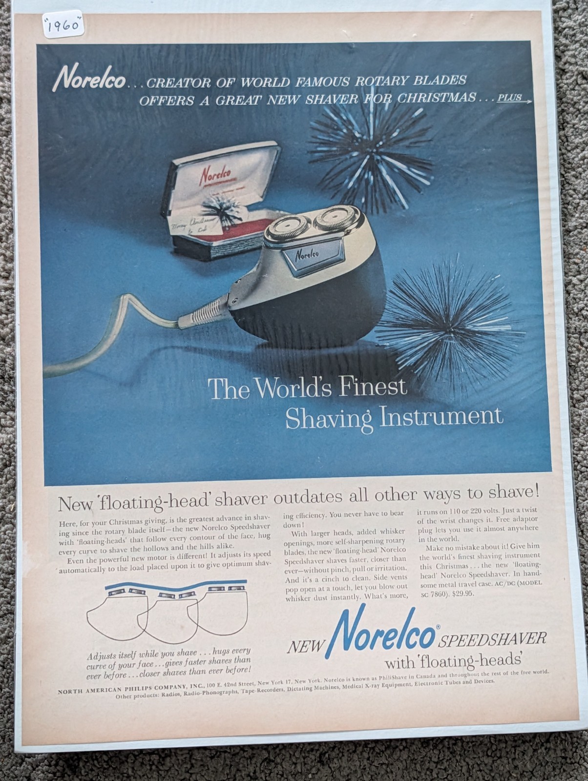 1960 New Norelco SPEEDSHAVER With \'Floating-Heads\' For Christmas Print Ad 52298
