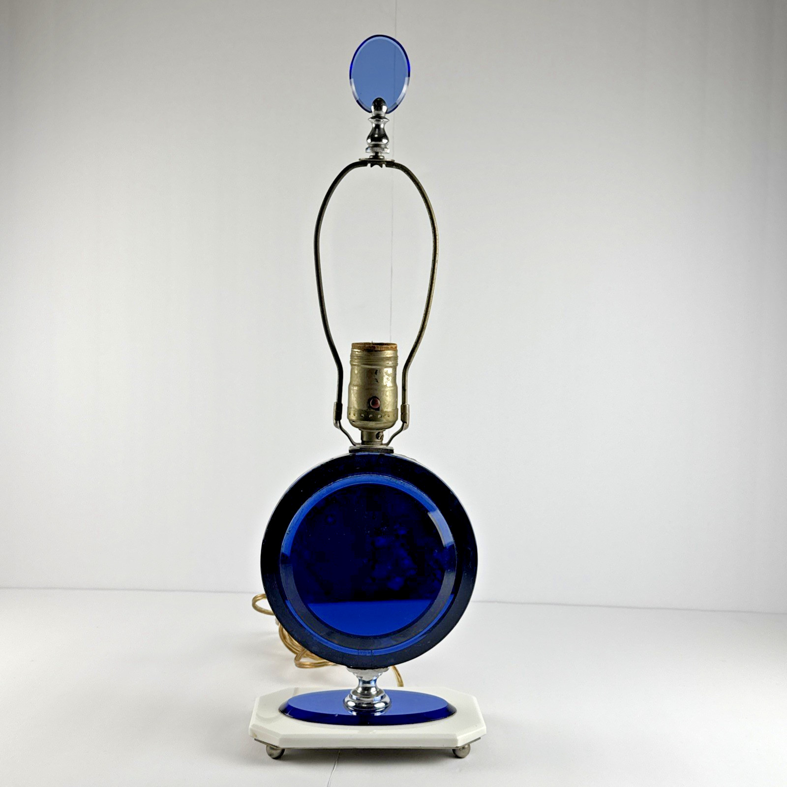 Vintage Czech Art Deco Mirrored Cobalt Blue And White Glass Table Lamp