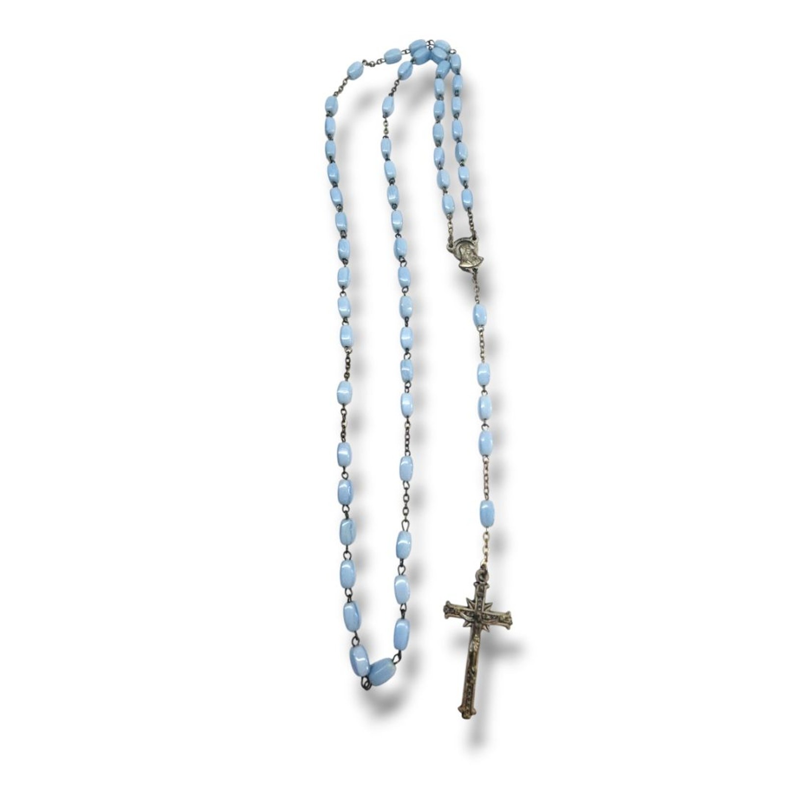 Vintage Light Blue Silvertone Rosary Beads Italy Necklace Vintage Light Blue Silvertone Rosary Beads Italy Necklace
