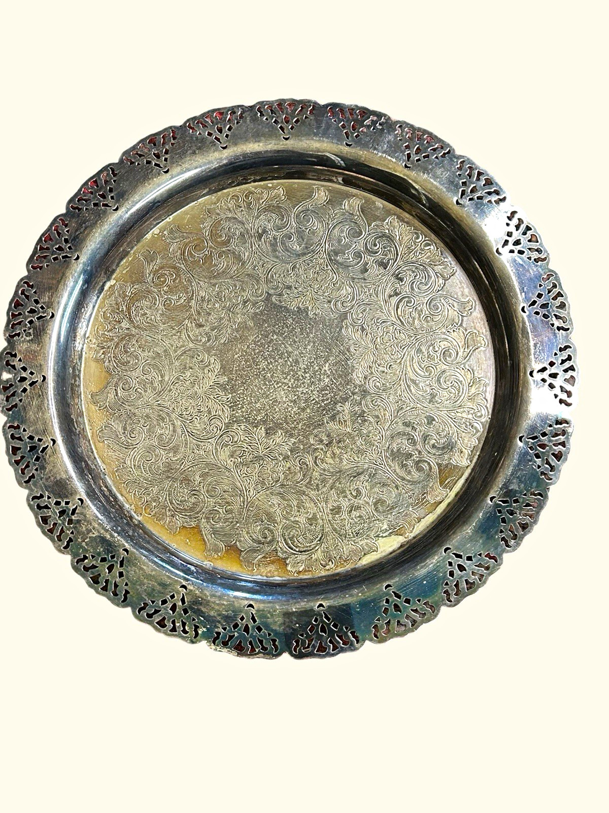 Vintage Silver Plated Pierced Vanity Serving Trinkets Tray 12.75”