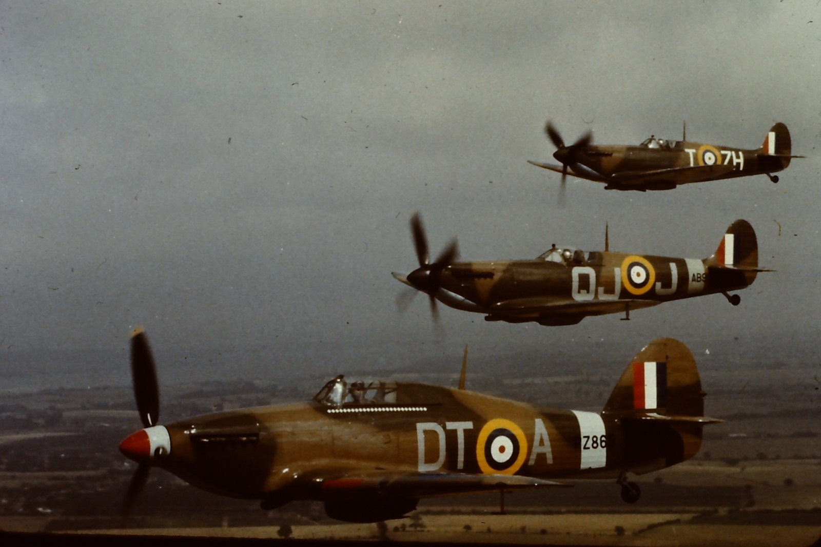 BBMF, 2 x Spitfire & Hurricane, in flight, air to air, RAF aircraft slide