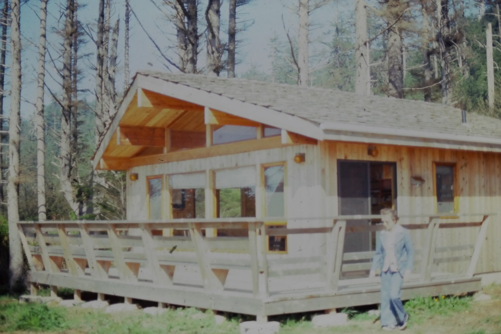 c1970's 35mm Slide A Frame Cabin Wooden Deck Forest Trees USA Person Roof Window c1970's 35mm Slide A Frame Cabin Wooden Deck Forest Trees USA Person Roof Window