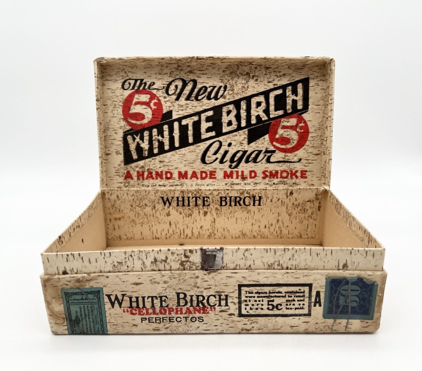Vintage White Birch 5¢ Cigar Box Cellophane Perfectos Tobacciana Cabin Decor