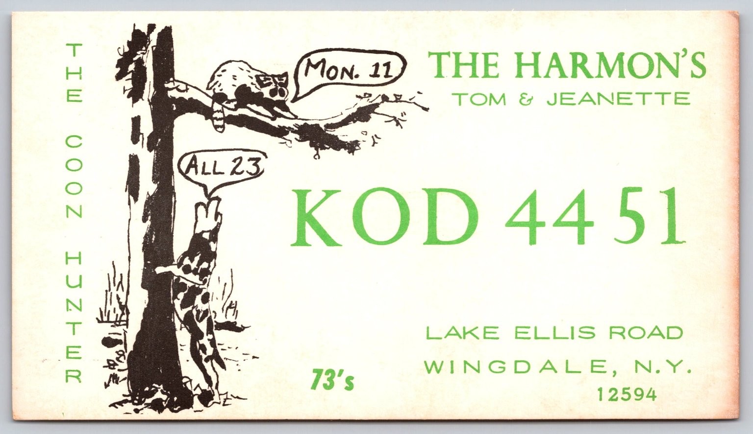 Wingdale NY KOD 4451 The Harmon\'s Coon Hunter Cartoon Novelty Postcard C189