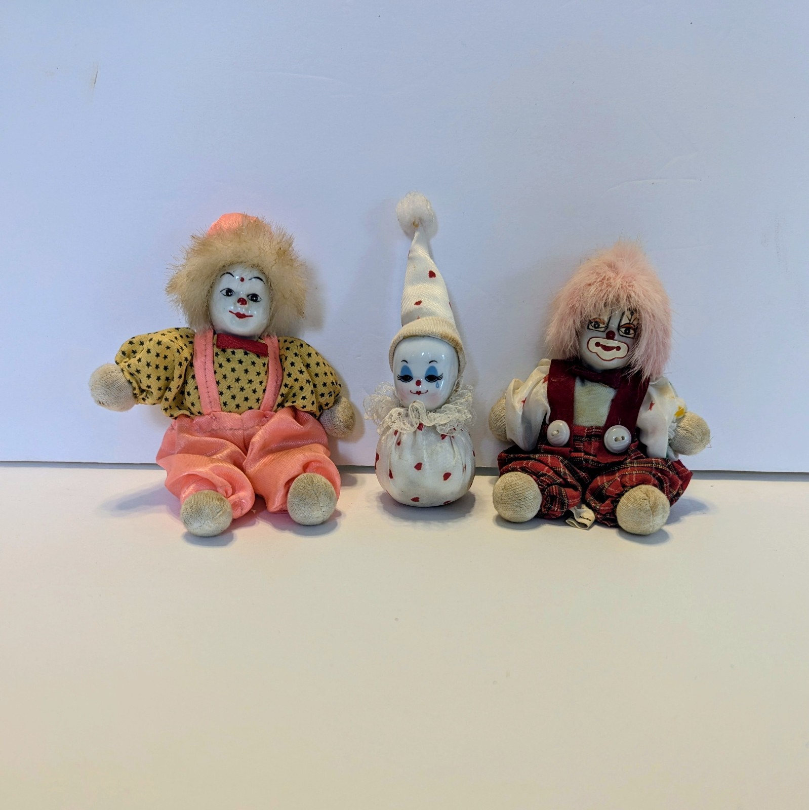 Charming Small Porcelain Face Clowns, Weighted Body 1980-90's Lot Of 3 Charming Small Porcelain Face Clowns, Weighted Body 1980-90's Lot Of 3