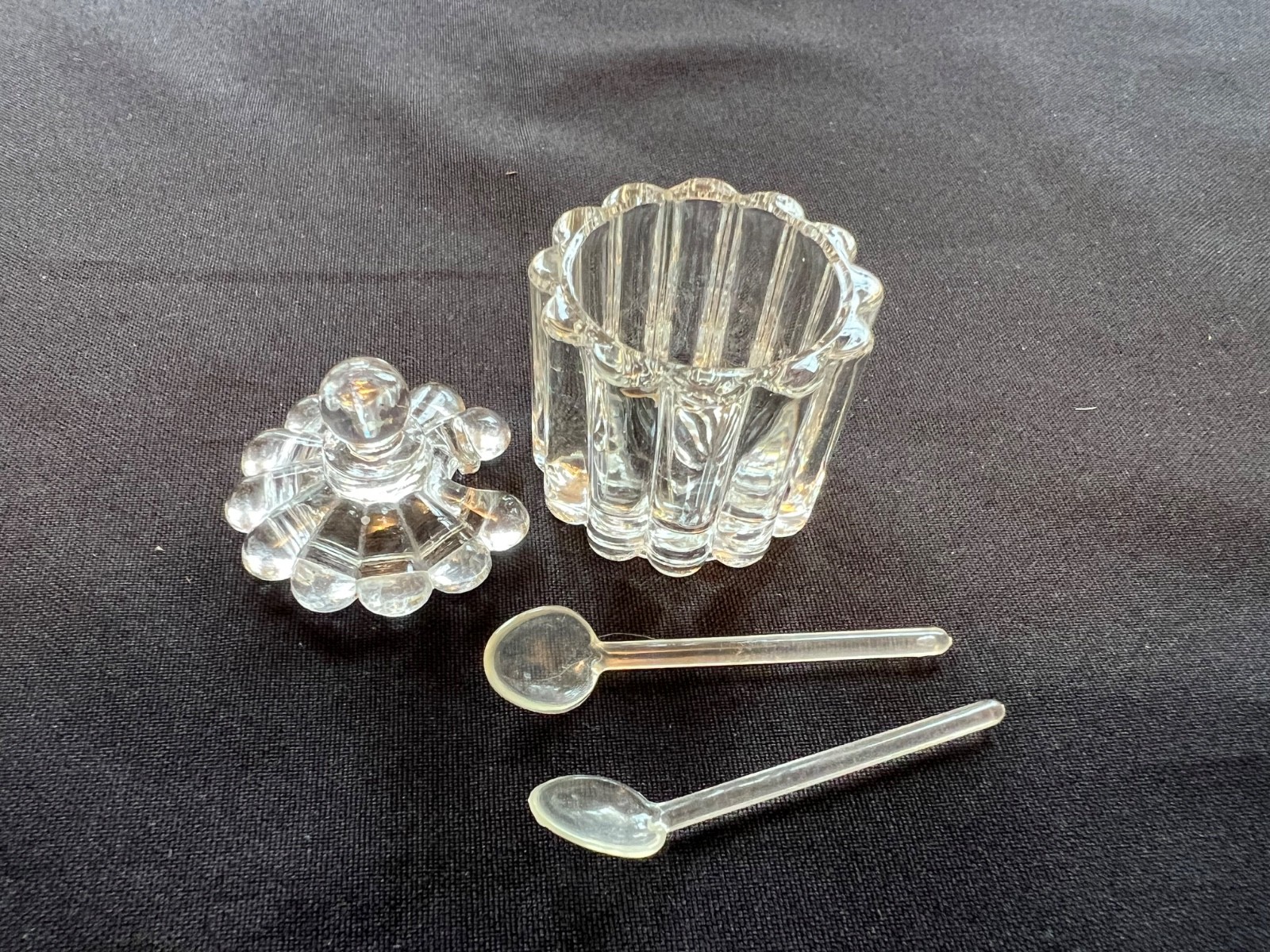 Heisey Glass Salt Cellar / Salt Dip with Glass Cover and 2 Plastic Spoons