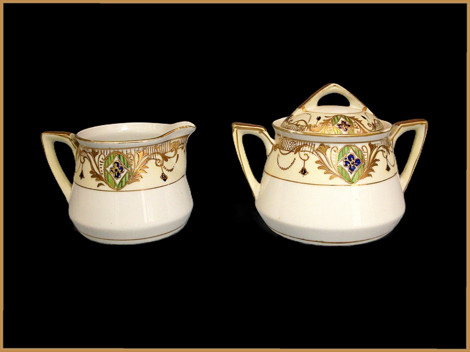 Nippon Porcelain Gilded Sugar and Creamer, Cobalt Flowers, Hand Painted 1910’s