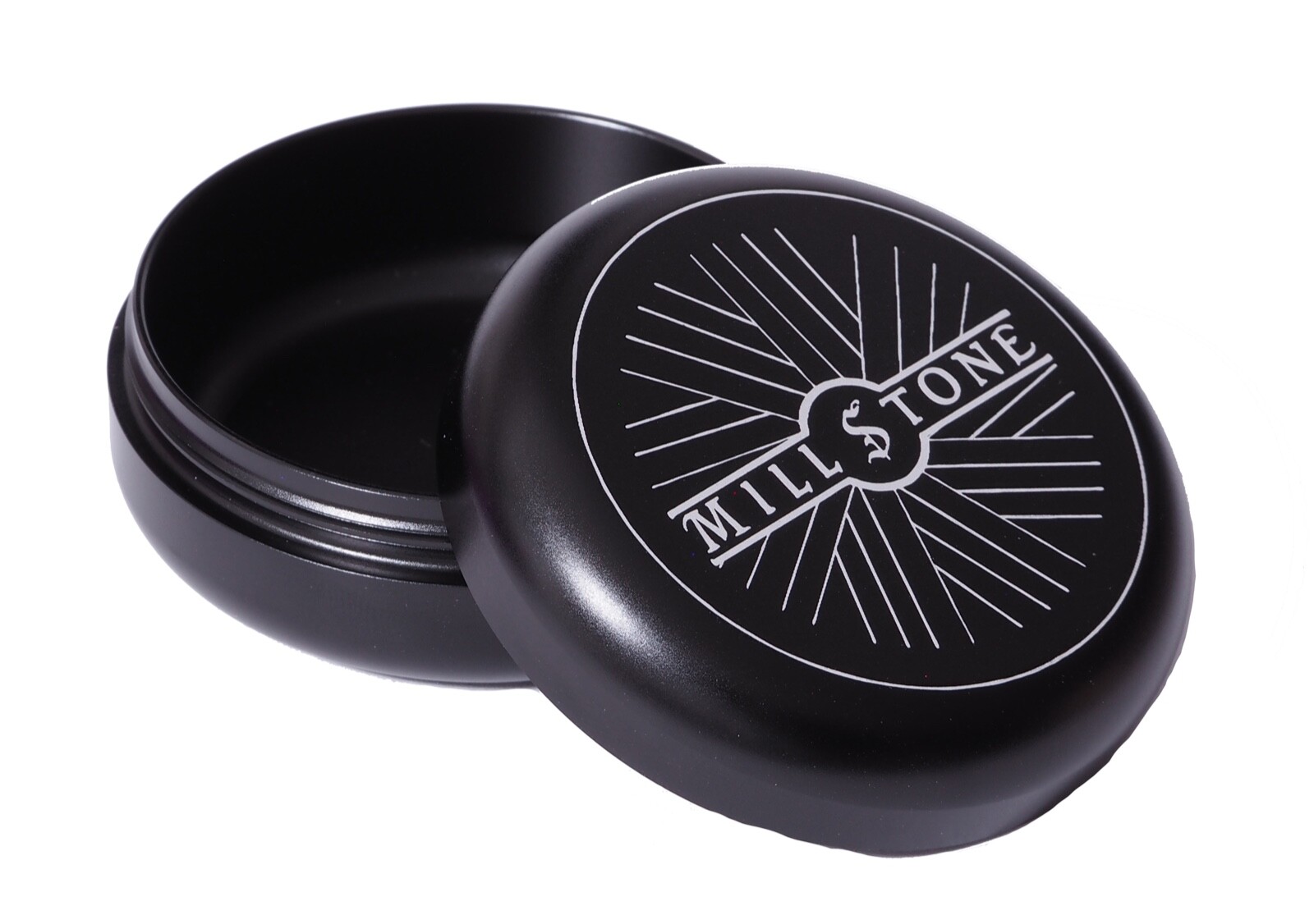 Millstone Tobacco Herb Storage Jar Metal Container Aluminum Tin Air Tight Black Millstone Tobacco Herb Storage Jar Metal Container Aluminum Tin Air Tight Black