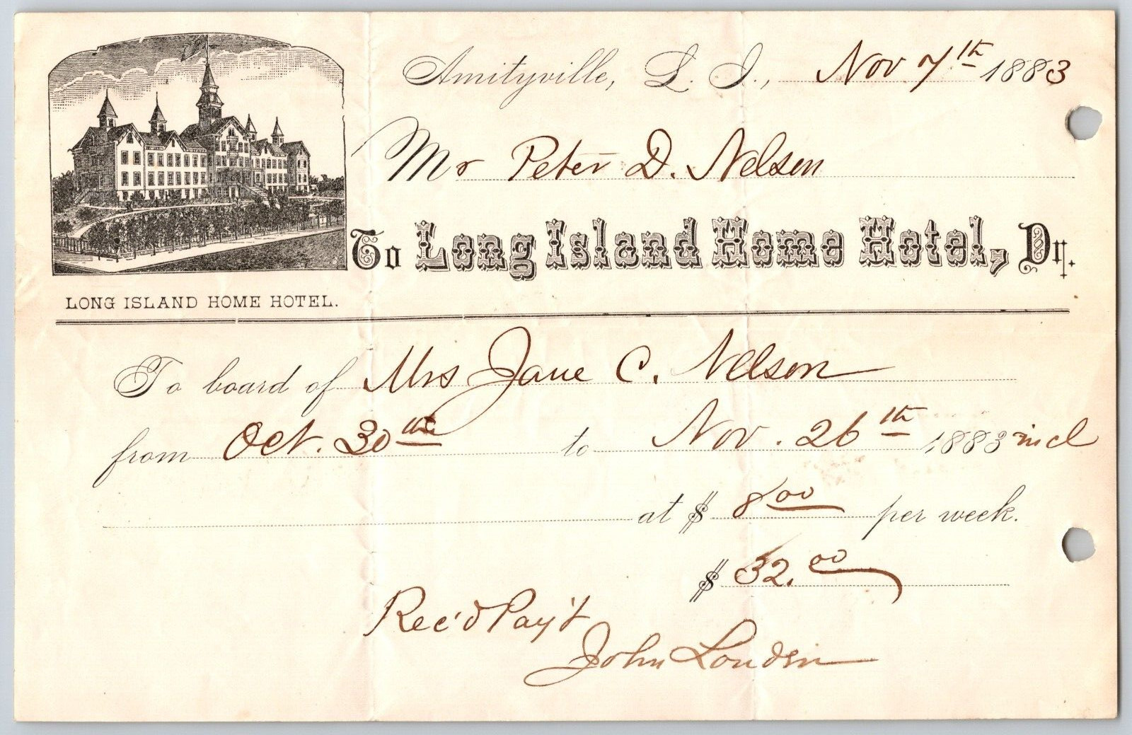 Long Island Home Hotel, Amityville, NY John Louden Signed 1883 Billhead Scarce