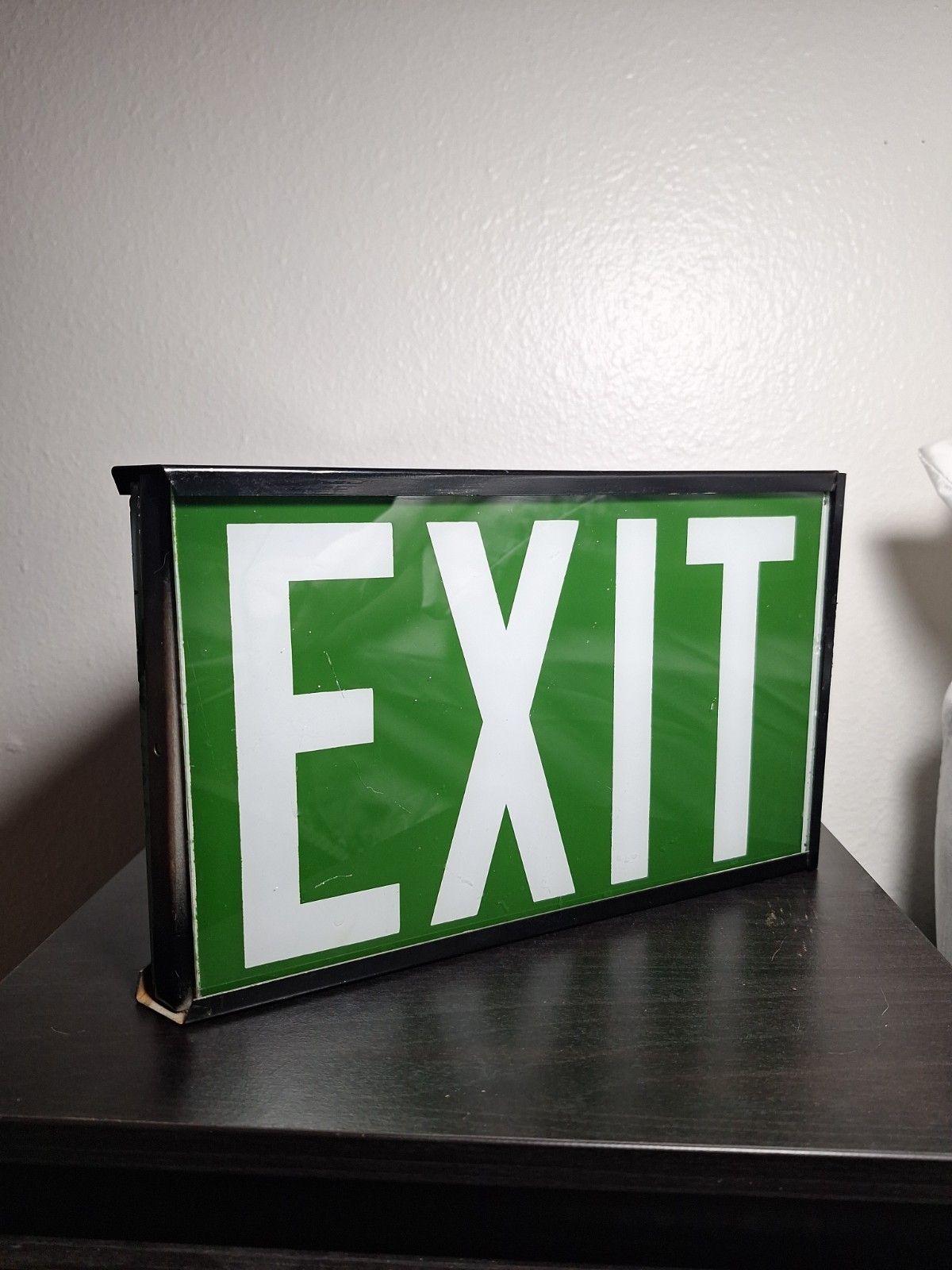 Vintage Green TRIANGULAR Glass And Metal Electrical Exit Sign 