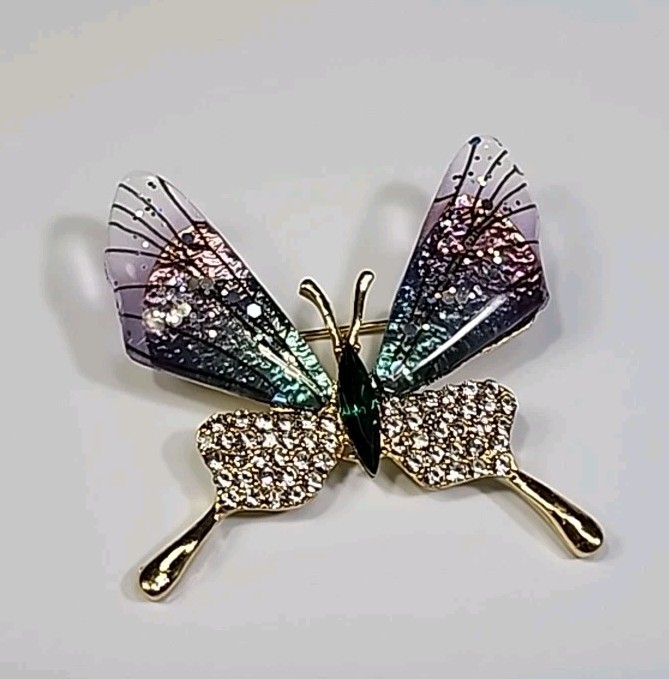 Butterfly Brooch Pin Large Green & Small Clear Faceted Faux Gems Glittery Wings