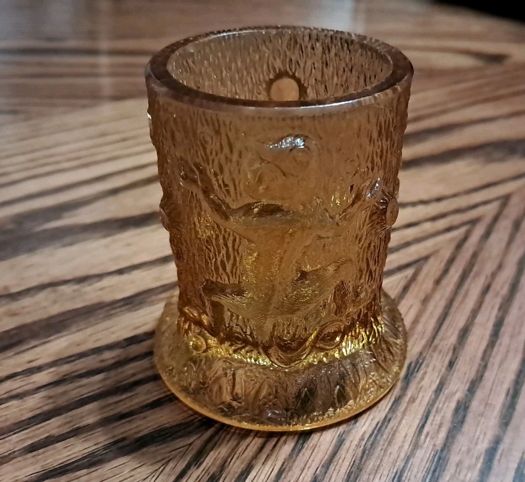 Antique US Glass Co 3 Monkeys On A Tree Stump EAPG Amber Glass Toothpick Holder 