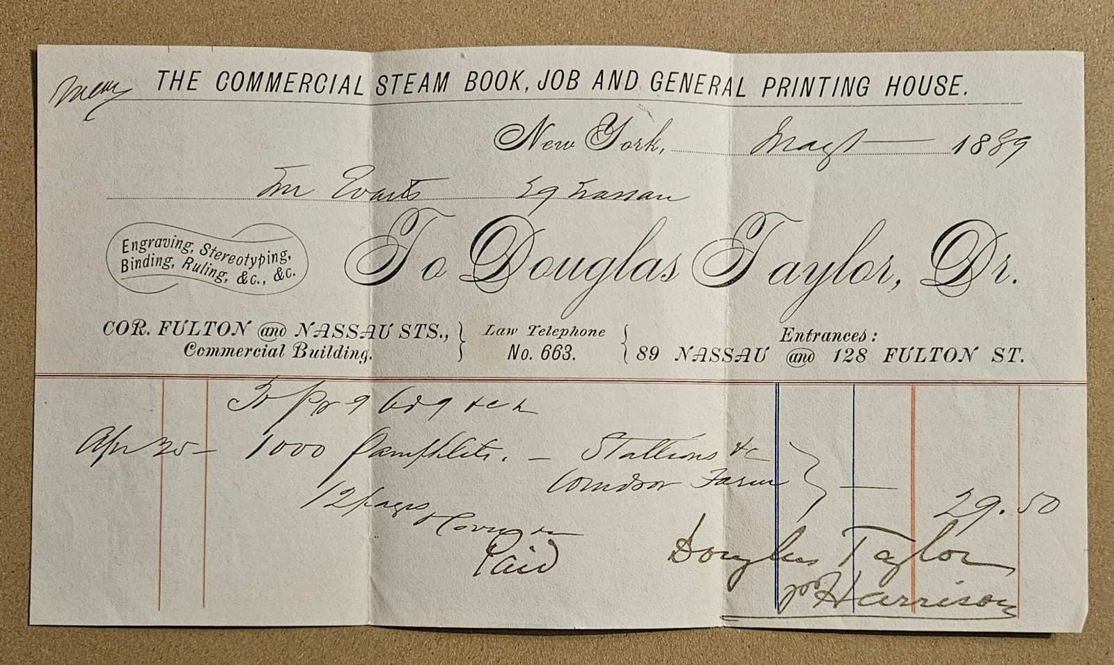 The Commercial Steam Book Job And General Printing House NY Receipt Dated 1889