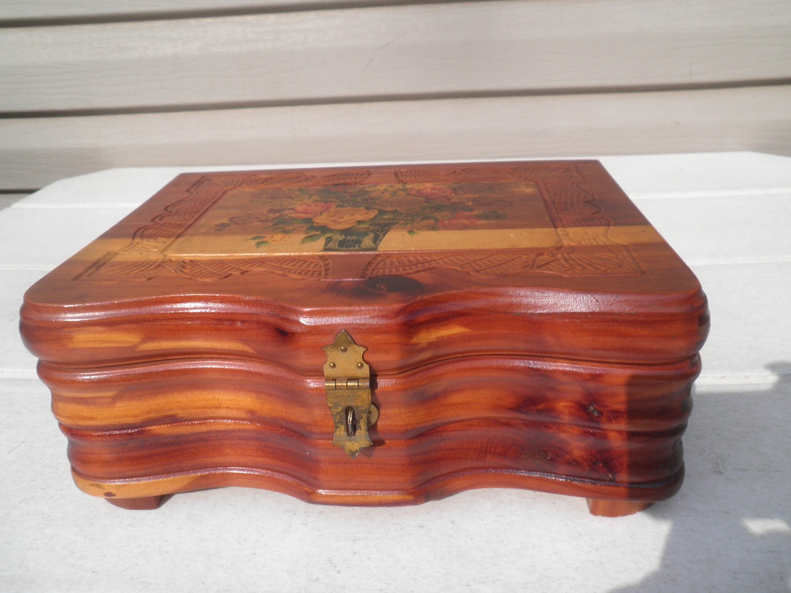 Vintage Curved Cedar Jewelry / Dresser Box- Roses Decorated Top  Mottled Mirror