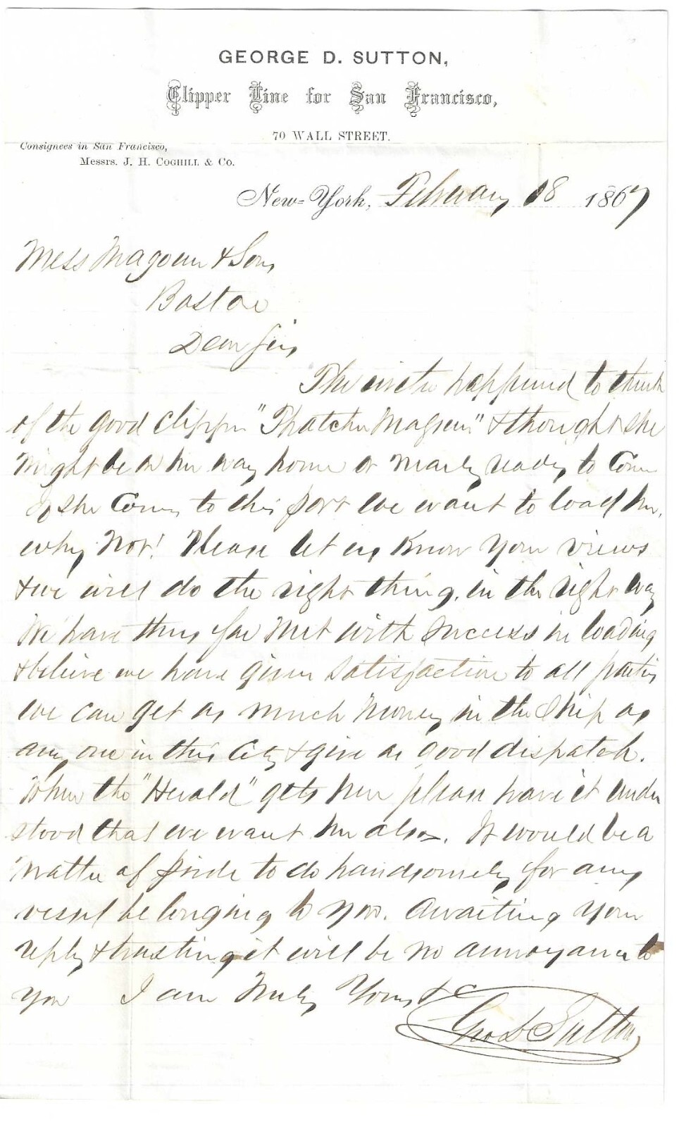 Clipper Ship Owner George Sutton Solicits Cargo For His Shipping Line