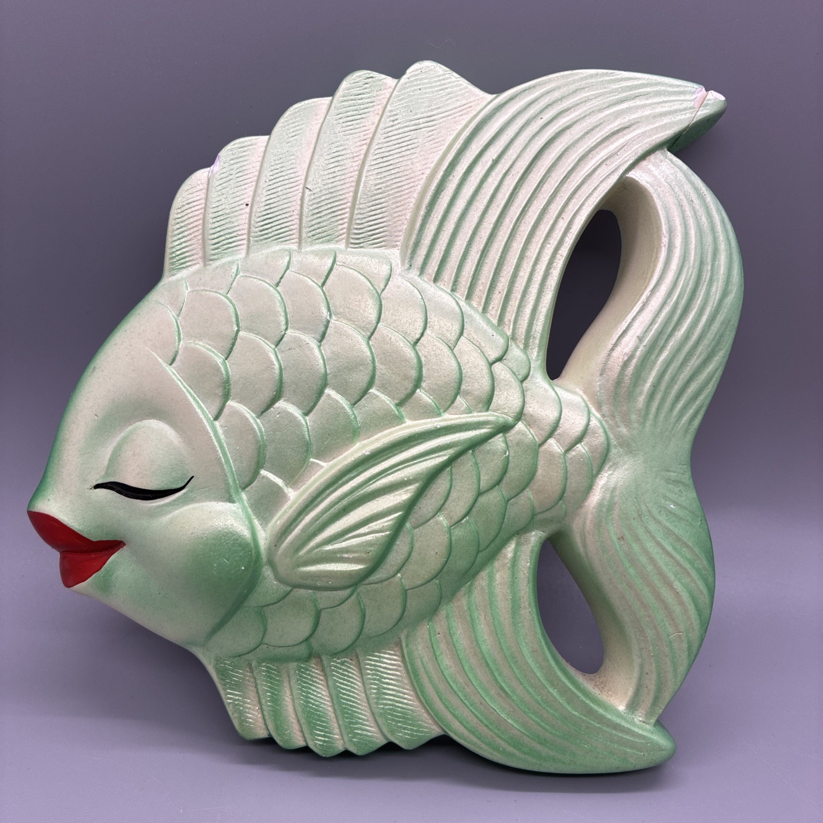 Miller Studio VTG 1950s Mid Century Green Chalkware Fish Wall Decor Kitsch *Read