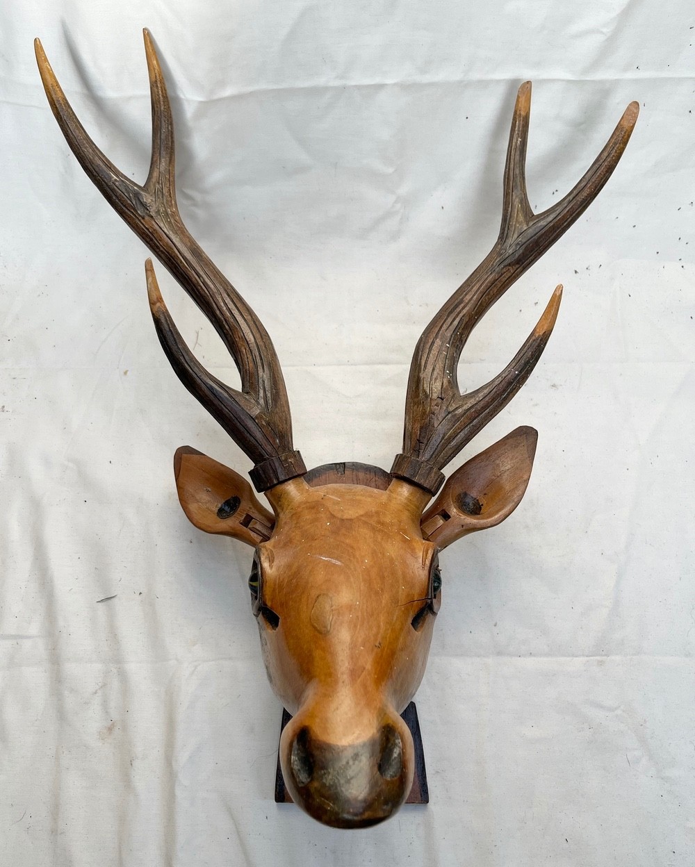 Large Folk Art carved wooden deer stag head taxidermy style wall hanging