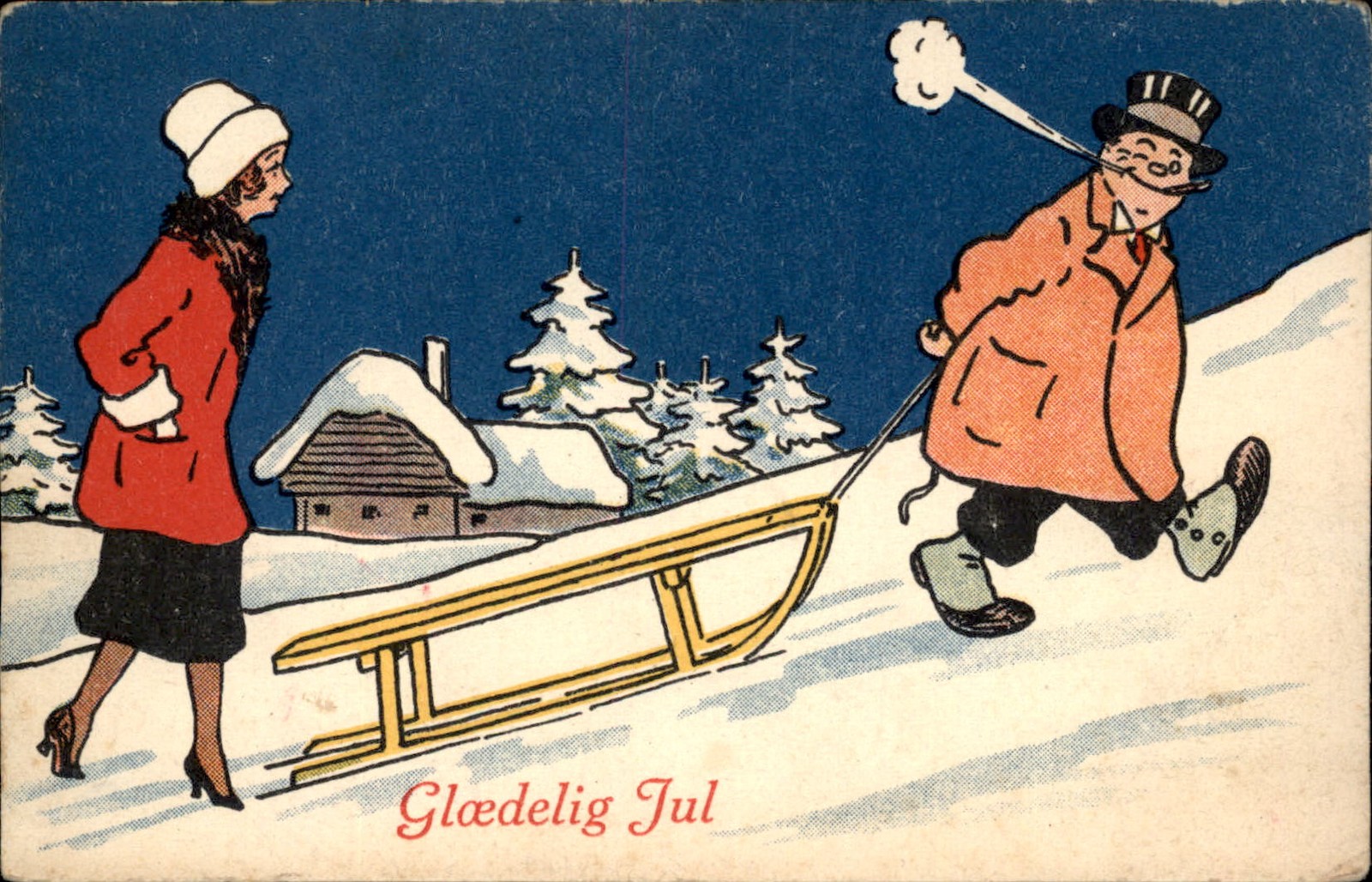 Christmas Winter Sledding Couple E. P. H. c1910s-20s Vintage Postcard Christmas Winter Sledding Couple E. P. H. c1910s-20s Vintage Postcard