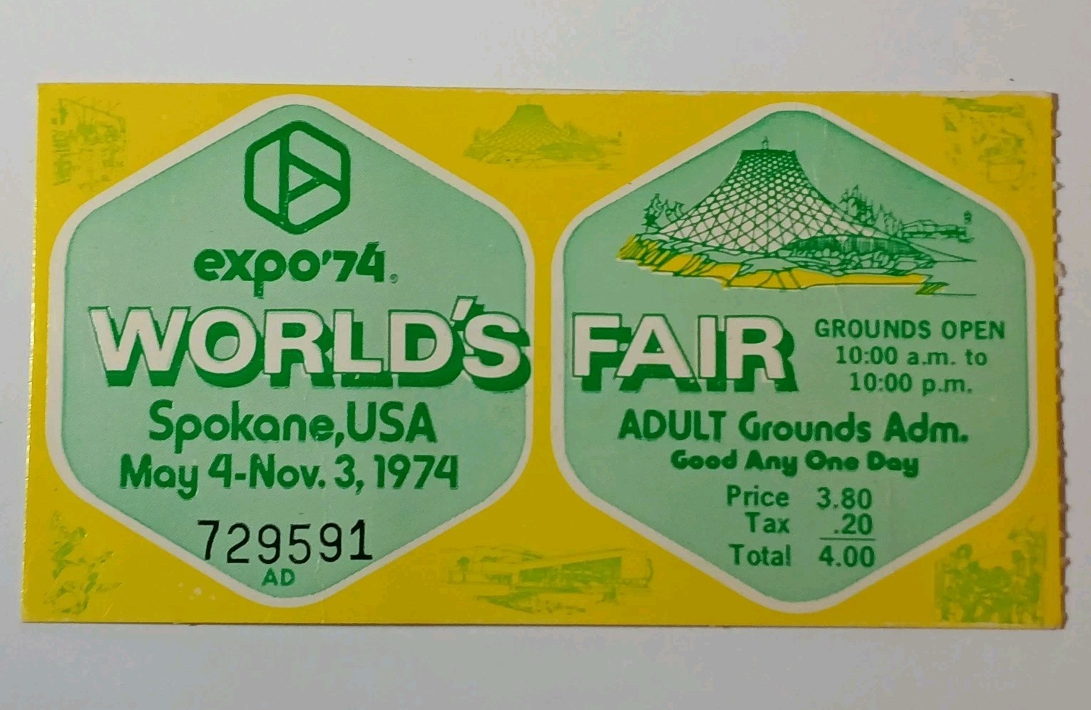 1970s Spokane Washington 1974 World's Fair Ticket Stub Expo '74 Expo 1974 Ticket